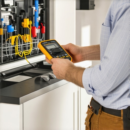 Person using a multimeter to diagnose dishwasher electrical components.