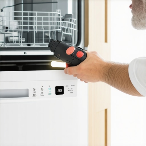 Homeowner checking dishwasher door latch with flashlight to diagnose beeping issue.