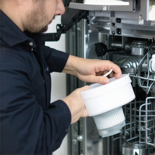 Technician checking dishwasher's drain pump and filter for clogs