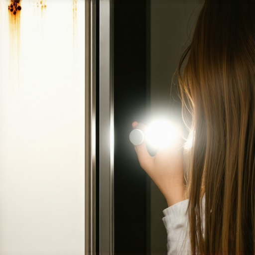 Person examining dishwasher door for rust with flashlight