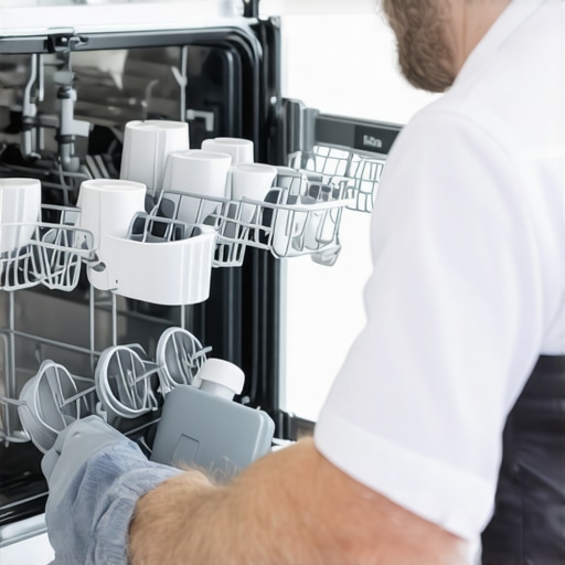 Technician examining dishwasher spray arms for soap residue and clogs.