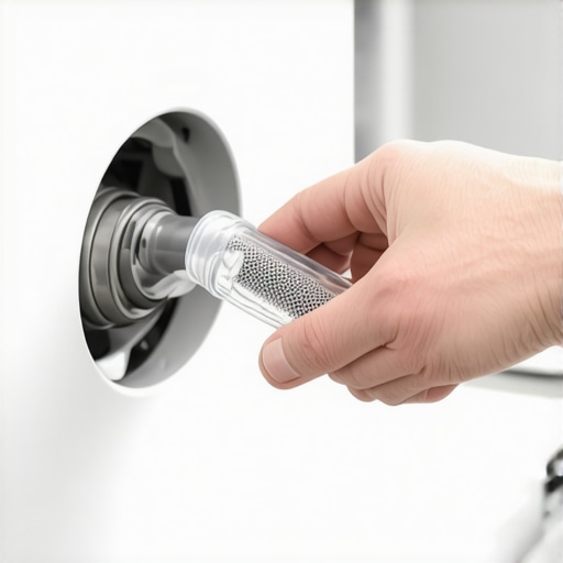 Person removing a small mesh filter from a dishwasher's water inlet valve for cleaning.