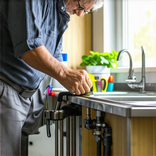 Homeowner inspecting garbage disposal and drain pipes in kitchen sink