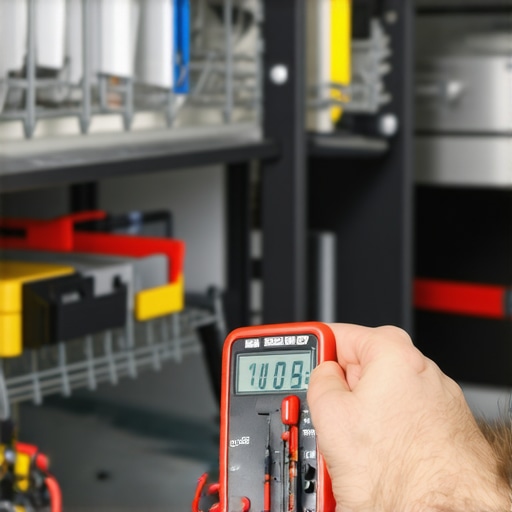 Technician testing dishwasher control panel with a multimeter during home repair.