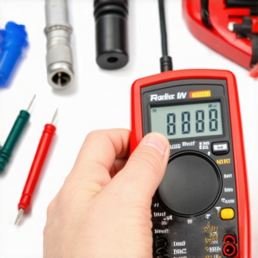 Close-up of a multimeter testing an appliance part during dishwasher maintenance.
