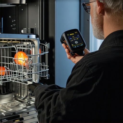 Technician inspecting dishwasher with thermal camera to identify overheating components