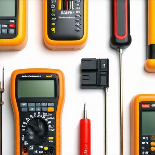 Tools including a multimeter, screwdriver, infrared thermometer, and diagnostic scanner used for dishwasher diagnostics.