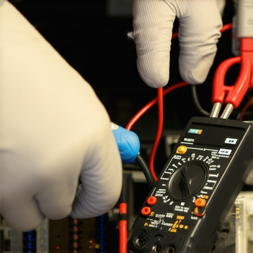 Technician testing dishwasher wiring with multimeter for proper diagnostics.