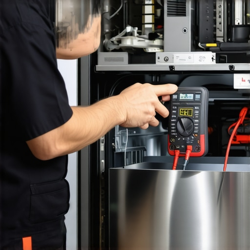 Technician diagnosing a dishwasher with digital tools and multimeter