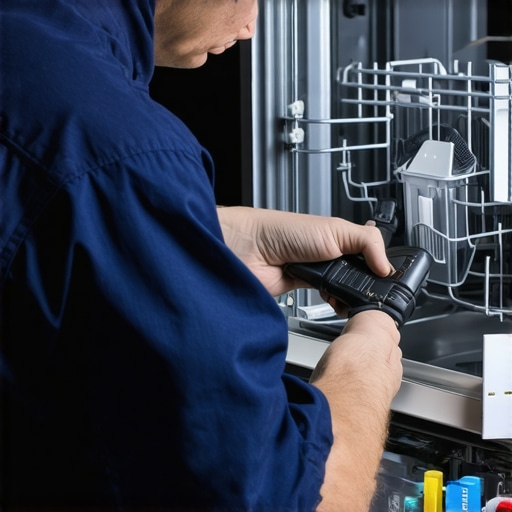Technician diagnosing dishwasher issues with tools