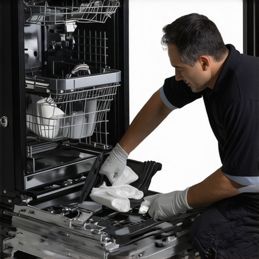 Technician safely disconnecting dishwasher with tools and protective gear.