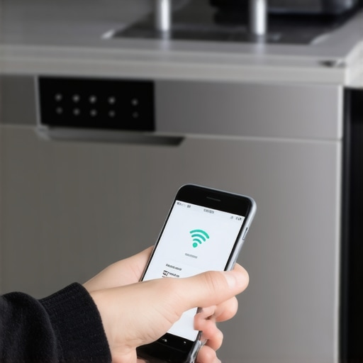 Person using a smartphone to reset a smart dishwasher's Wi-Fi connection with a router in the background.
