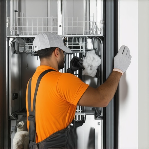 Handyman sealing gaps around dishwasher with metal mesh and foam to stop rodents from entering.