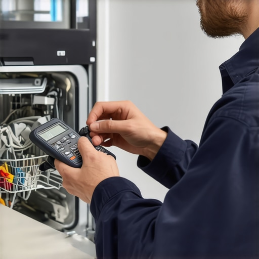A technician using a multimeter to diagnose a dishwasher's control board in a kitchen setting.