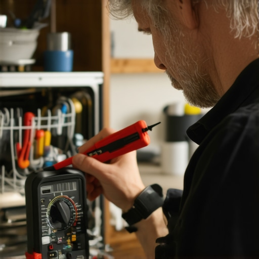 Technician using a multimeter to diagnose a dishwasher control board during maintenance.