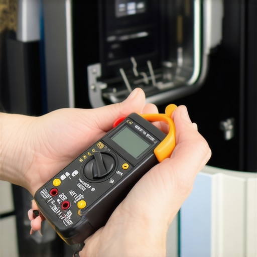 Technician using a multimeter on a dishwasher's door latch to test continuity.