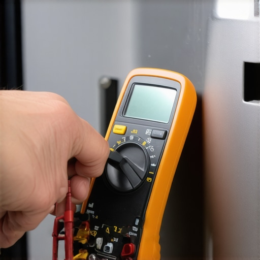 Hand holding a multimeter testing the door switch of a dishwasher, illustrating troubleshooting step