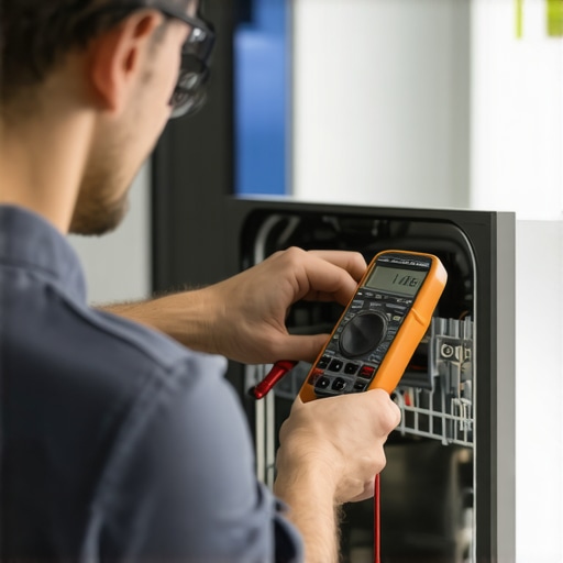 A person holding a multimeter to a dishwasher door latch switch.