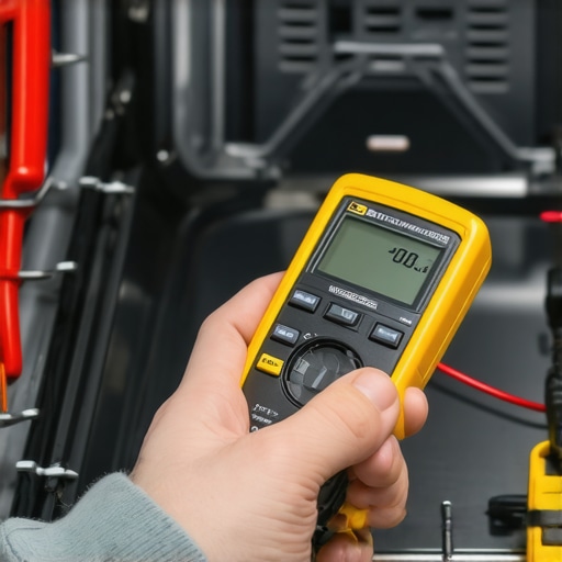 Person using a multimeter to test a dishwasher's heating element at the bottom of the appliance.
