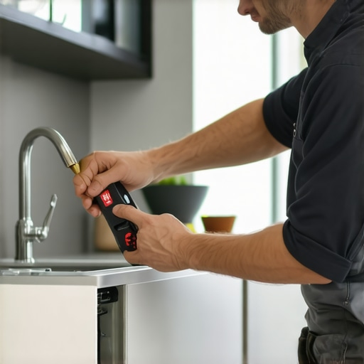 Technician using a 9V battery to test the dishwasher inlet valve
