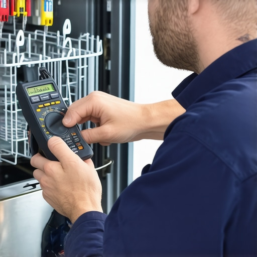 Technician using multimeter to test dishwasher sensor connections