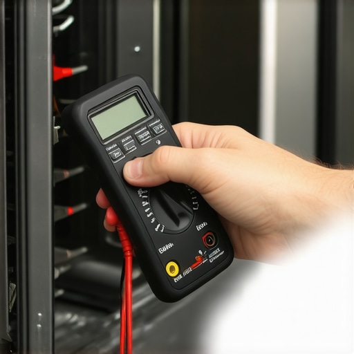 Homeowner testing dishwasher thermistor using a multimeter for diagnostics.