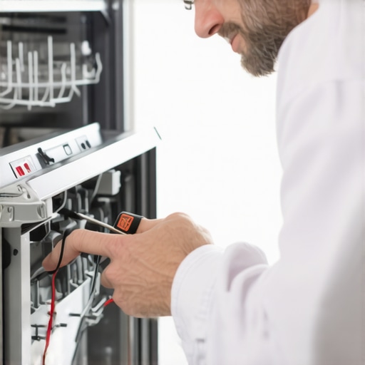 Person safely testing dishwasher wires with a non-contact voltage tester