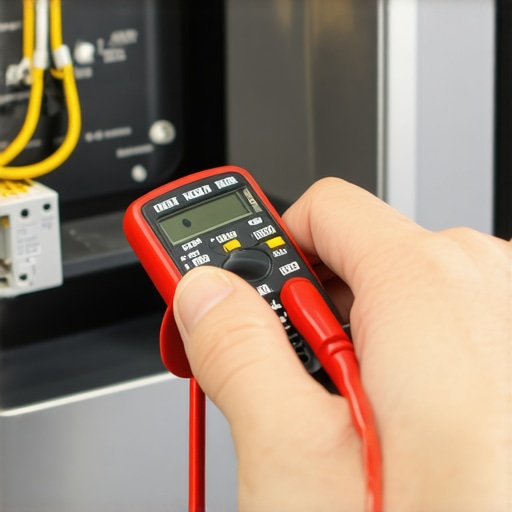 A technician's hand holding a multimeter performing a diagnostic test on a dishwasher's thermal fuse