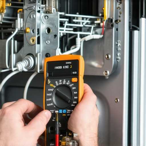 Close-up of hand holding a multimeter and a magnet near dishwasher latch during diagnostic test.