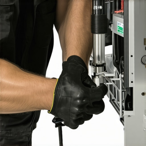 Technician using screwdriver to secure dishwasher's water inlet hose with a clamp.