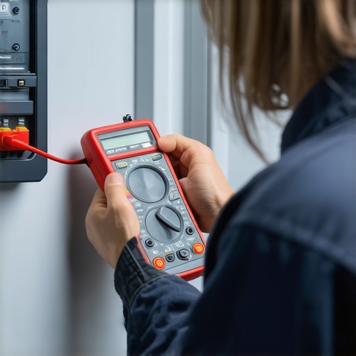 Person testing dishwasher wiring with multimeter and voltage tester in workshop