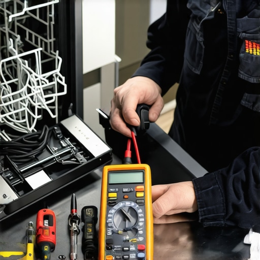 Technician diagnosing a dishwasher with a multimeter and thermometer gun.