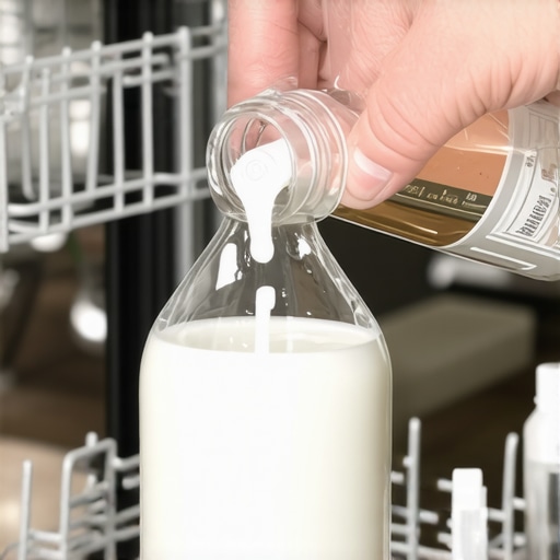 Person pouring white vinegar into dishwasher during cleaning