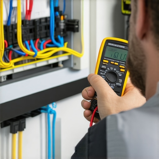 Electrician testing dishwasher wiring with a multimeter in a workshop