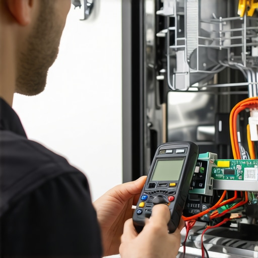 Technician measuring electrical components inside a dishwasher with a multimeter.
