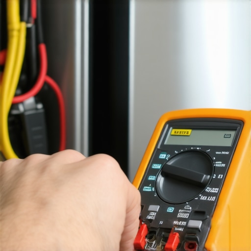 Person testing a dishwasher component with a multimeter for maintenance and troubleshooting