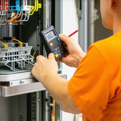 Technician testing a dishwasher part with a multimeter in a repair shop