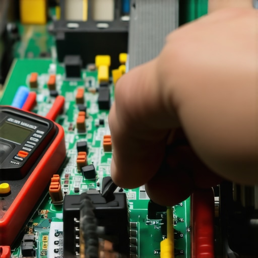 A person testing electrical voltage with a digital multimeter on an appliance component