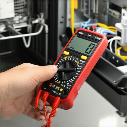 A technician testing a dishwasher's wiring with a digital multimeter to ensure proper electrical function.