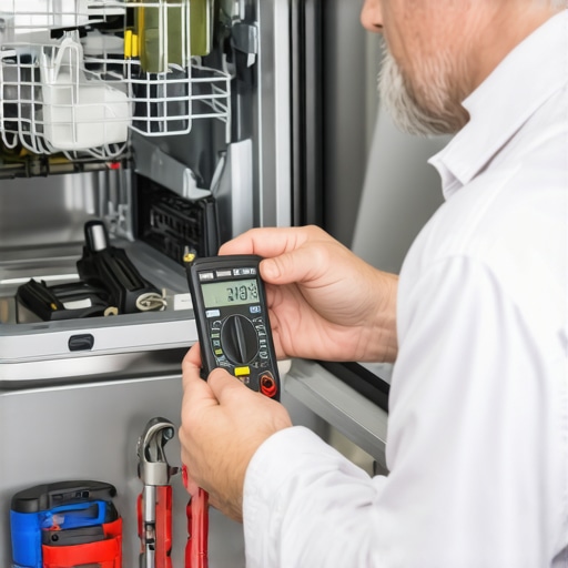 Homeowner testing appliance with multimeter in kitchen