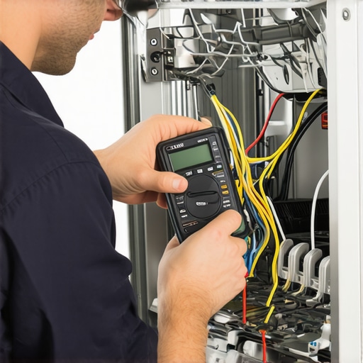 Technician demonstrating how to test a dishwasher's wiring using a digital multimeter.