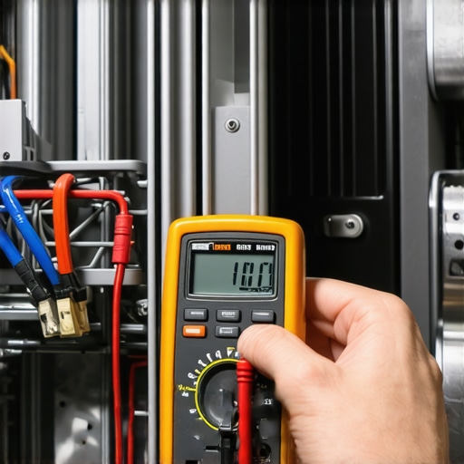 Person testing dishwasher heating element with a multimeter in a clean, organized laundry room.