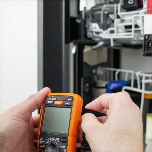 Person demonstrating how to use a multimeter on a dishwasher's heating element in a home kitchen.