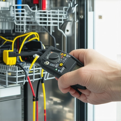 A person testing dishwasher wiring with a multimeter