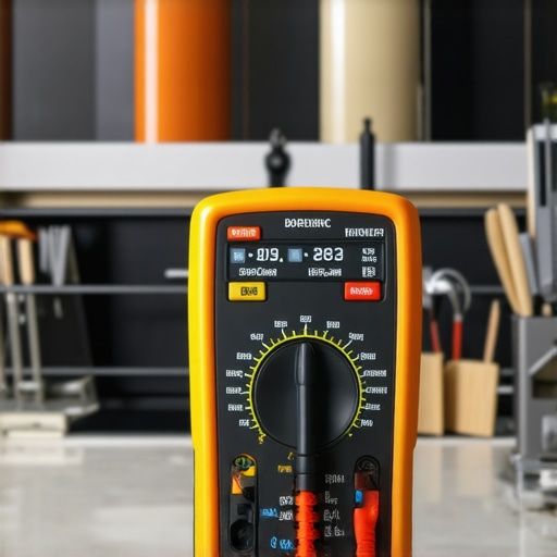 Multimeter testing dishwasher component in a clean kitchen.
