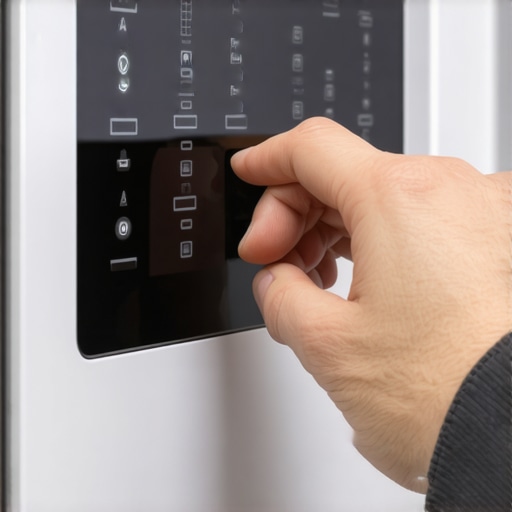 Technician's hand turning a dial on an appliance's control panel to modify smart grid settings.