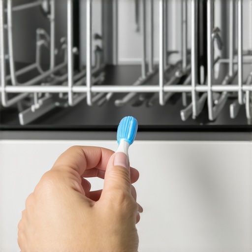 Person cleaning dishwasher gasket with baking soda and toothbrush