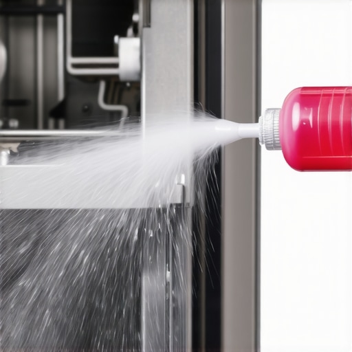 Close-up of spray arm with mineral buildup being cleaned with a spray bottle