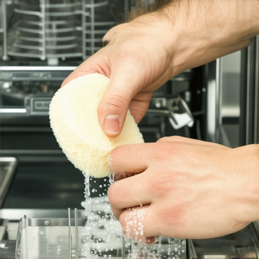Person wiping the interior walls of a dishwasher with vinegar solution and cloth