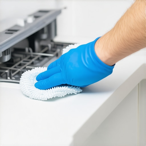 Person using a brush to clean the dishwasher's air gap on the countertop
